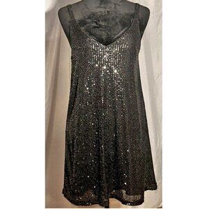 Black Sequined Loose Fitting Mini Dress, Secy Tank Top, Medium